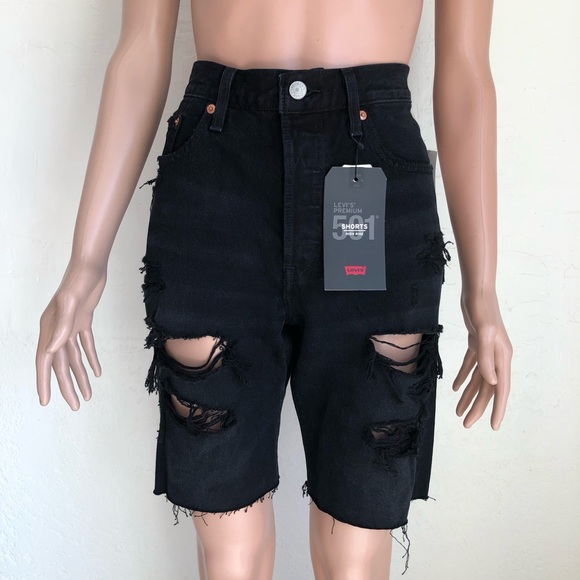 Levi’s 501 Premium Black Ripped High-Rise Shorts Women’s Size 28 Button-Fly NWT - Picture 1 of 16
